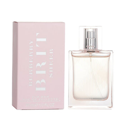 BURBERRY Brit Sheer Eau De Toilette spray bottle with clear pink floral-fruity fragrance for women