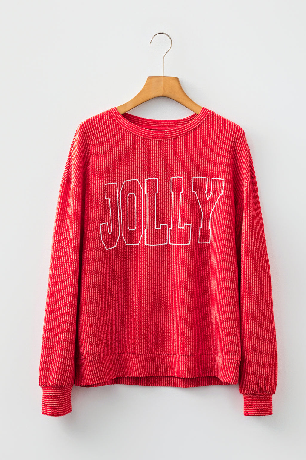 Racing Red Twisted Rib Outlined Merry Letter Graphic Loose Long Sleeve Top
