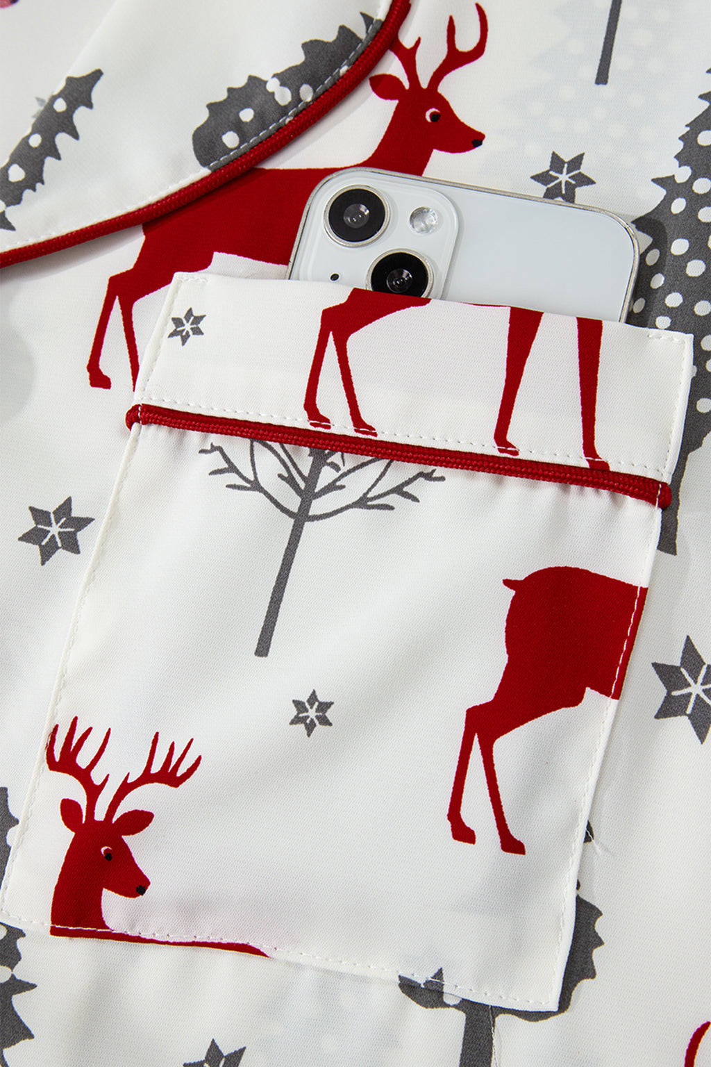 White Christmas Fashion Print Velvet Trim Bow Knot Pajama 2pcs Short Set