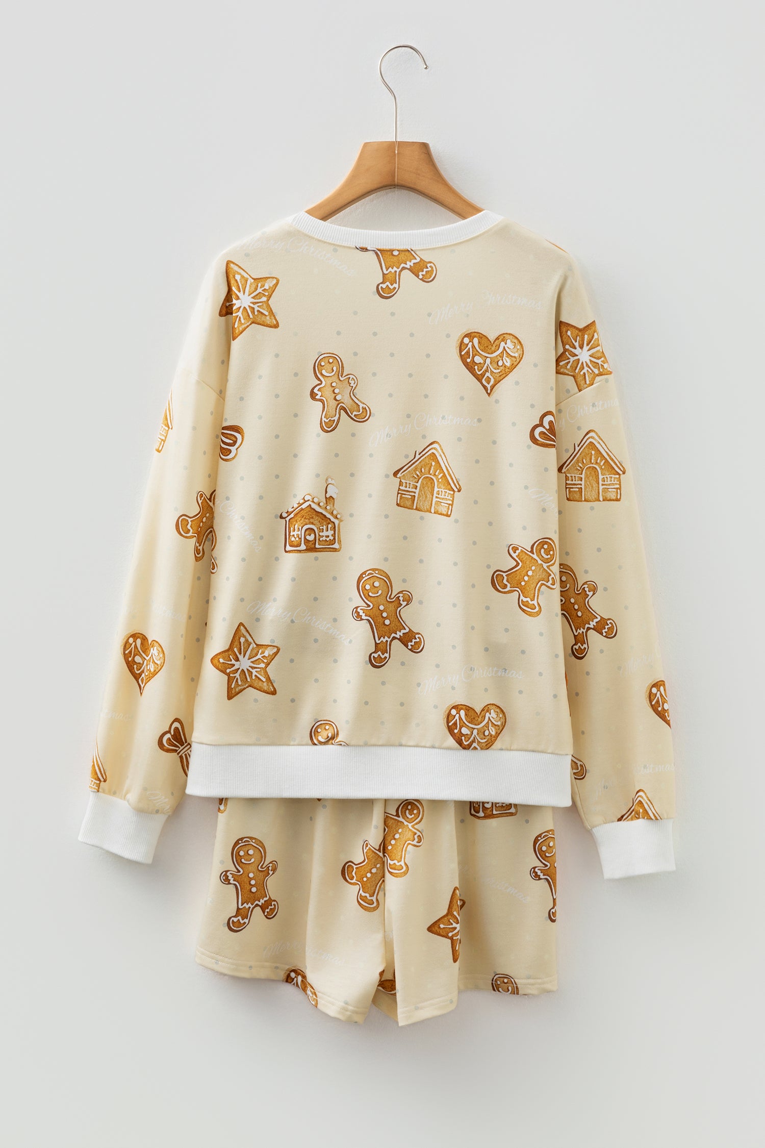 Beige Gingerbread Man Christmas Print Long Sleeve Pullover Lounge Short Set