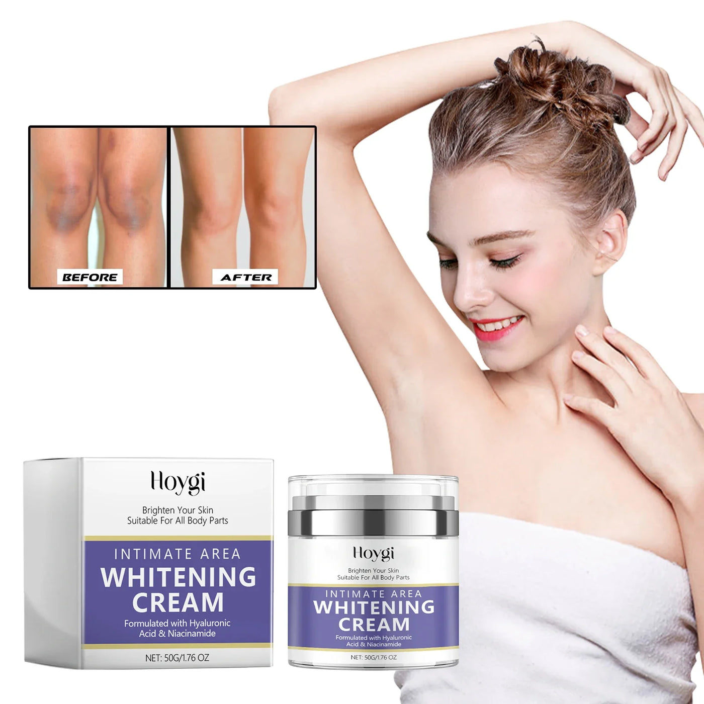Hoygi Black Spot Whitening Correction Cream for intimate area and all body parts, shown with before and after results and model displaying smooth, bright skin.