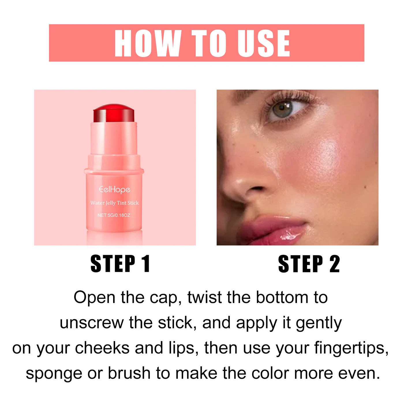 EELHOPE Water Jelly Tint Stick Lasting Waterproof Sweatproof Moisturize Facial Makeup Brightening Lip Gloss Face Blusher Stick