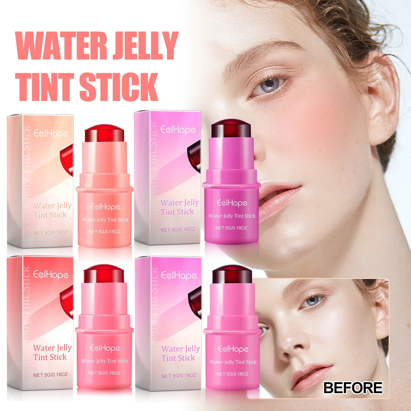 EELHOPE Water Jelly Tint Stick moisturizing waterproof facial makeup in coral, berry, red, and rose pink shades with aloe vera.