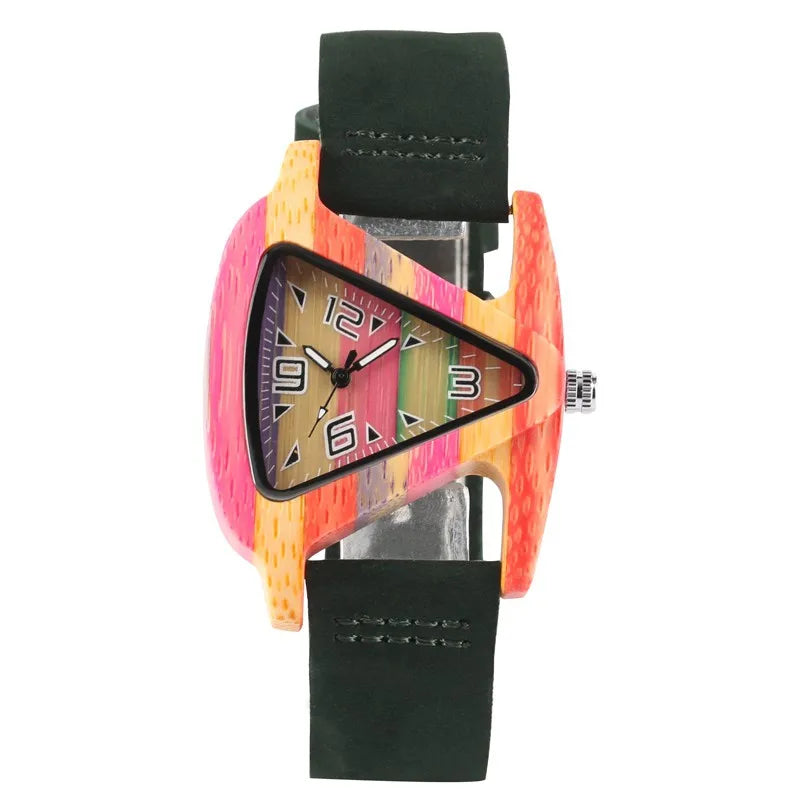 Unique Colorful Wood Watch Creative Triangle Shape Dial Hour Clock