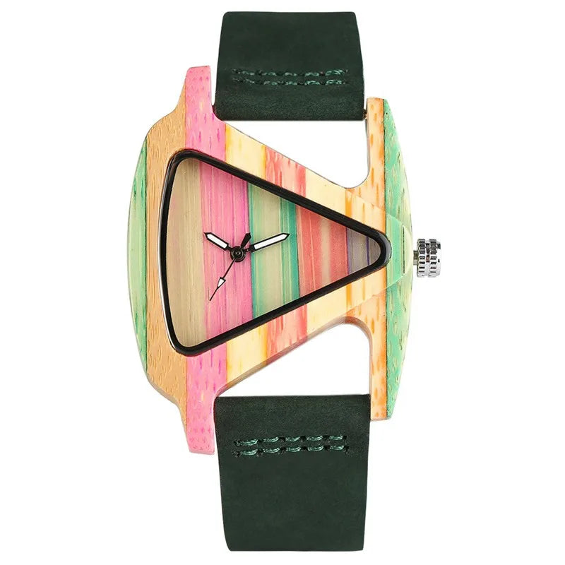 Unique Colorful Wood Watch Creative Triangle Shape Dial Hour Clock