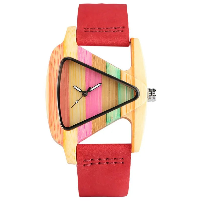 Unique Colorful Wood Watch Creative Triangle Shape Dial Hour Clock
