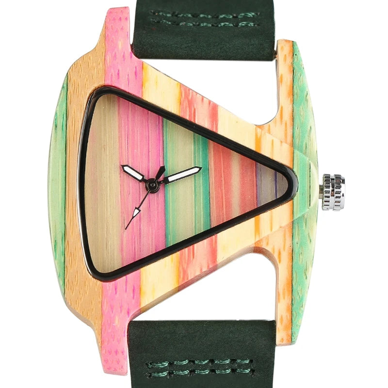 Unique Colorful Wood Watch Creative Triangle Shape Dial Hour Clock
