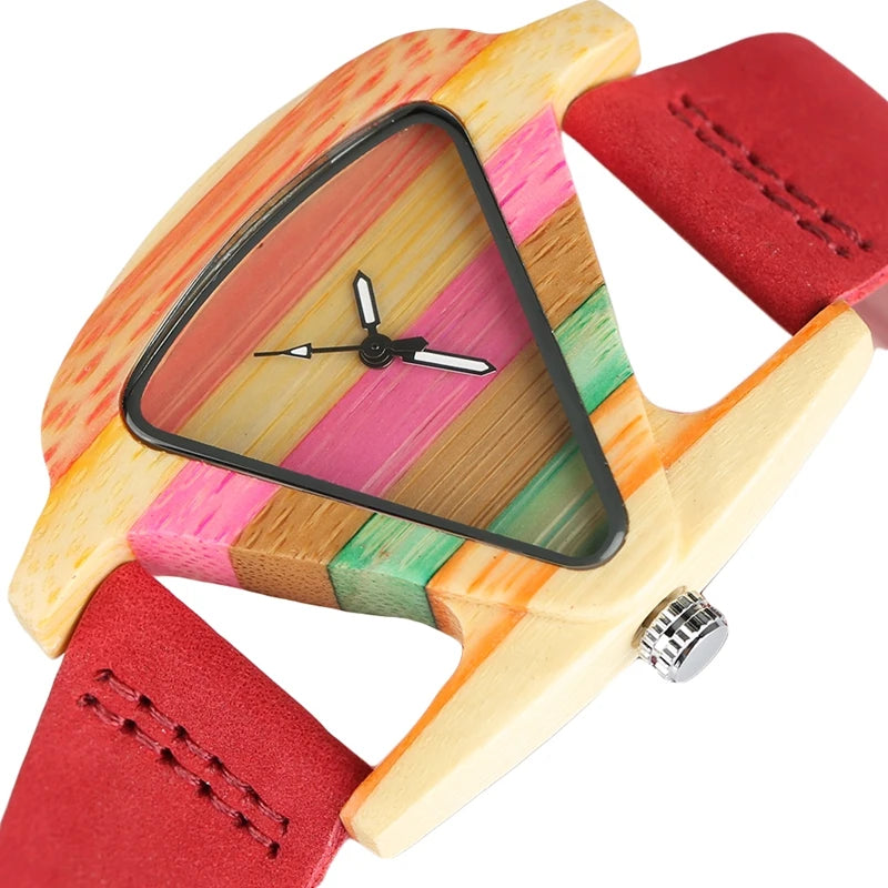 Unique Colorful Wood Watch Creative Triangle Shape Dial Hour Clock