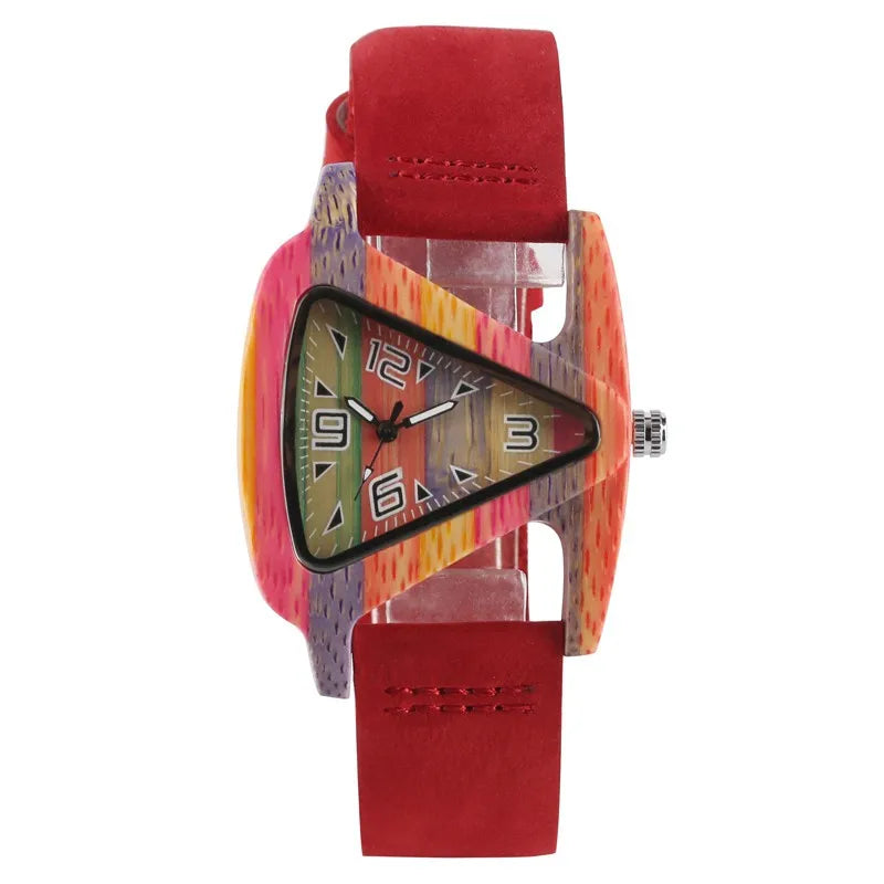 Unique Colorful Wood Watch Creative Triangle Shape Dial Hour Clock