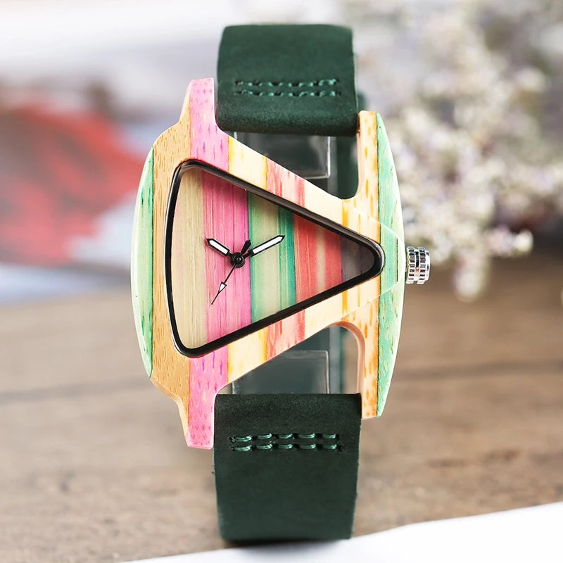 Unique Colorful Wood Watch Creative Triangle Shape Dial Hour Clock