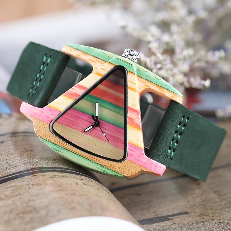 Unique Colorful Wood Watch Creative Triangle Shape Dial Hour Clock