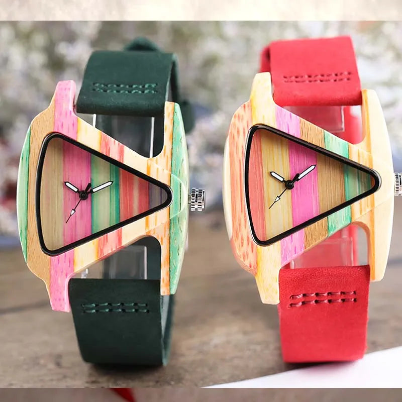 Unique Colorful Wood Watch Creative Triangle Shape Dial Hour Clock