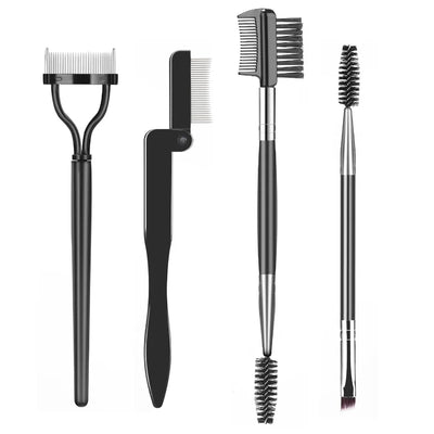 Set of four black professional eye makeup tools including eyelash comb lash separator, brow brush, lash spoolie, and foldable lash comb
