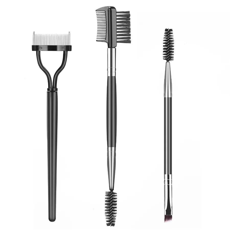 Set of three professional eyebrow brushes including eyelash separator, brow comb, and lash spoolie with black handles.