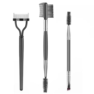 Set of three professional eyebrow brushes including eyelash separator, brow comb, and lash spoolie with black handles.