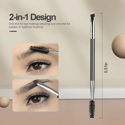 Set of three professional eyebrow brushes including eyelash separator, brow comb, and lash spoolie with black handles.