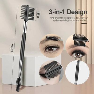 Set of three professional eyebrow brushes including eyelash separator, brow comb, and lash spoolie with black handles.