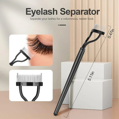 Set of three professional eyebrow brushes including eyelash separator, brow comb, and lash spoolie with black handles.