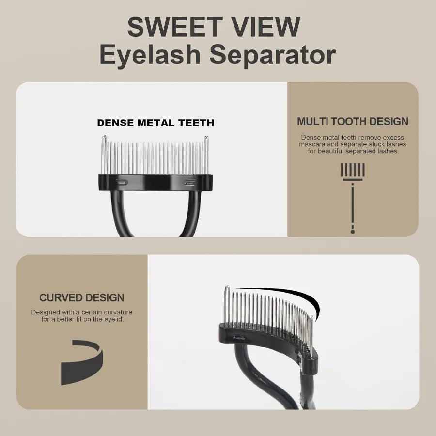 Set of three professional eyebrow brushes including eyelash separator, brow comb, and lash spoolie with black handles.