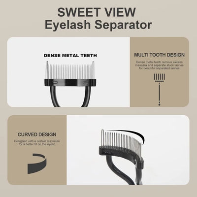 Set of three professional eyebrow brushes including eyelash separator, brow comb, and lash spoolie with black handles.