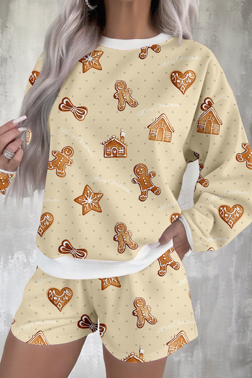 Beige Gingerbread Man Christmas Print Long Sleeve Pullover Lounge Short Set