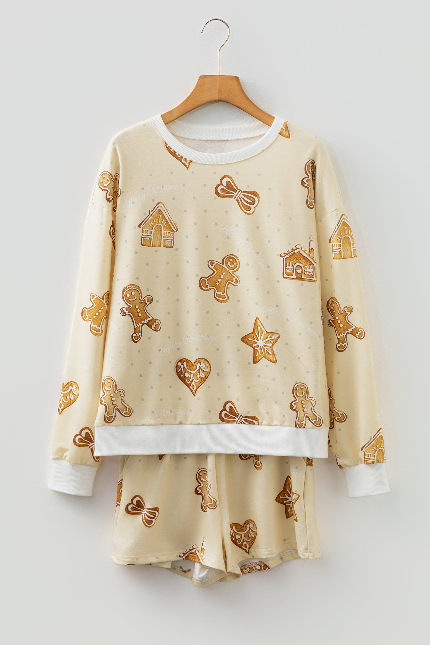 Beige Gingerbread Man Christmas Print Long Sleeve Pullover Lounge Short Set