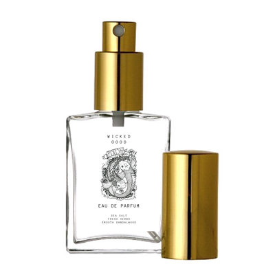 Wicked Good Perfume Pisces Eau de Parfum bottle with gold spray cap featuring sea salt, fresh herbs, and sandalwood notes.